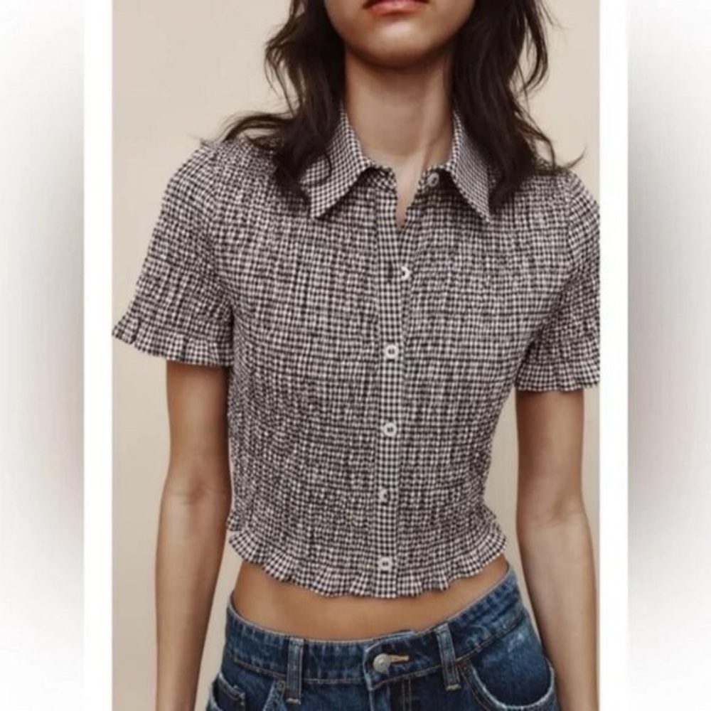 Zara Black and White Textured Button Down Shirt